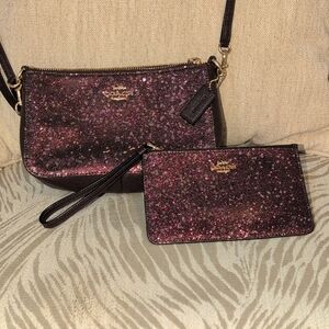 Coach Glitter Heart Crossbody and Wristlet Set - Burgundy Pink Glitter